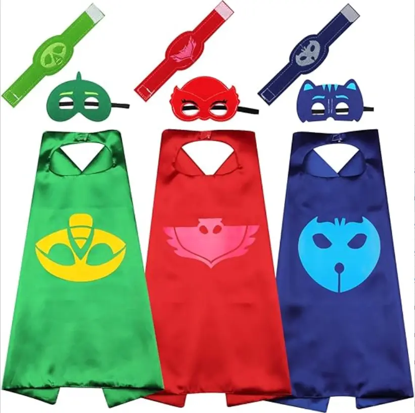 Unisex Superhero Costume Set for Kids, 3-Pack Sleeveless Satin Capes with Felt Masks & Embroidered Wristbands for Birthday Party & Halloween Dress-Up, Fashion Show, Children's Costume Party, Child’s Sensitive Skin, 27.5 Inch, Costume Theme Party