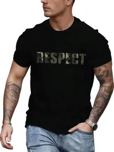 Attitude Wind Respect Camo Text Print Short Sleeve Round Neck T-Shirt, Skin-Friendly Cotton Fitted Design, Casual Home & Outdoors Wear, Graphic Tee, Camouflage