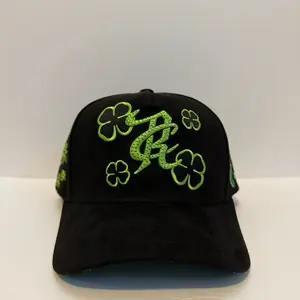 Suerte y Dinero Black Baseball Cap with Green Clover Embroidery and Logo Design