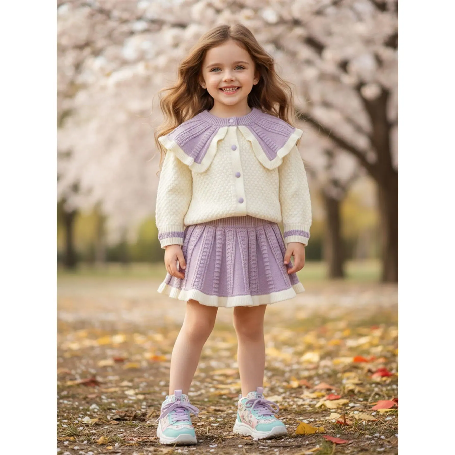 New girls' cream-yellow and light purple patchwork knit set: large collar cardigan + pleated skirt, sweet and cute children's spring and autumn two-piece outfit