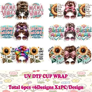 16oz UV DTF Glass Cups Wraps, 6pcs Mom Themed Transfer Sticker, DIY Waterproof Sticker for Glass Cup, DIY Decorative Decals for Car Mug, Funny Stickers
