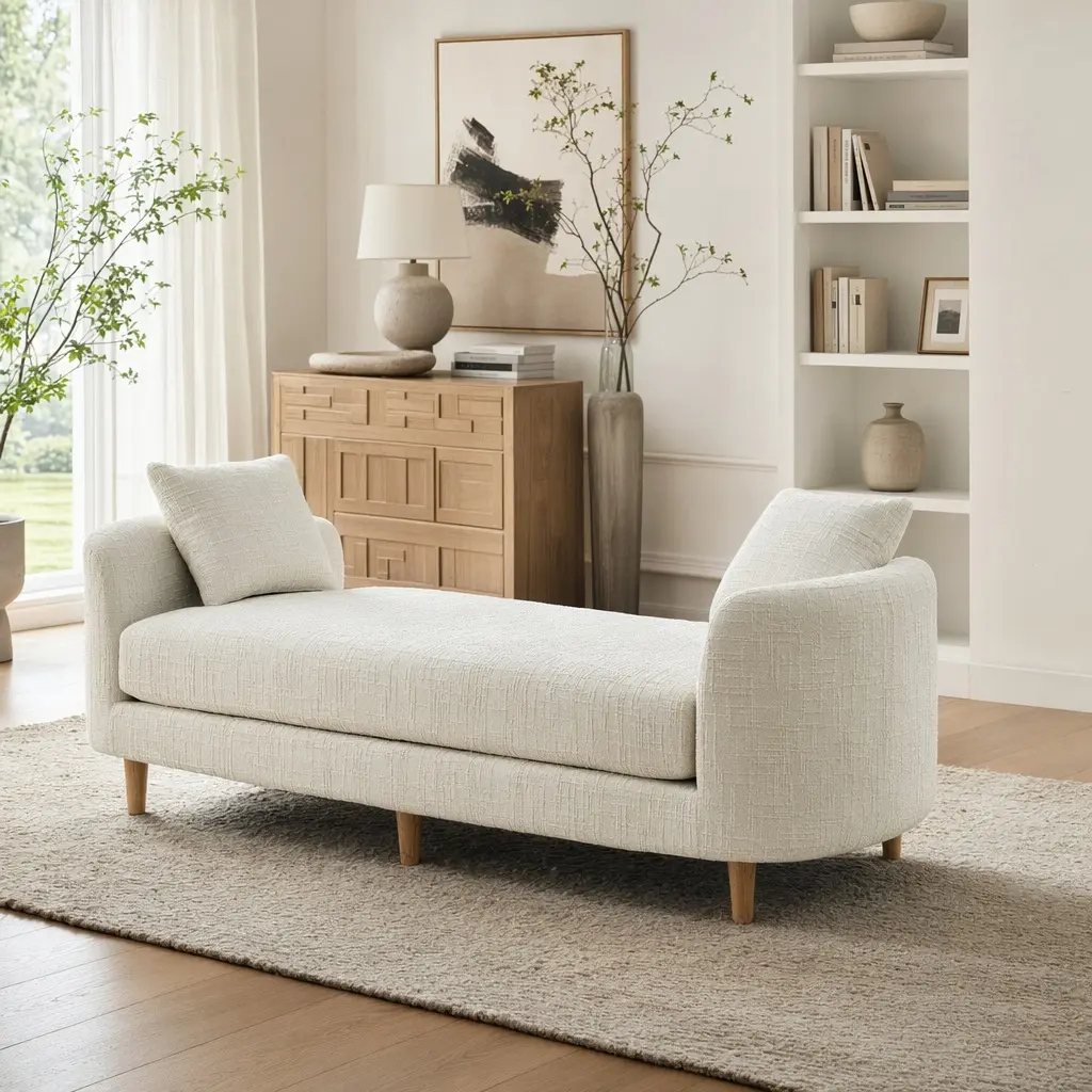 77.17" Wide Modern Upholstered End of Bed Bench with Armrests, Chenille Chaise Lounge Couch with 2 Bolster Pillows, Daybed with Rubberwood Legs for Living Room, Bedroom, Apartment, Guestroom, Beige, Beige Color Options, Chenille Material