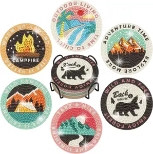 6PCS DIY Coasters,Diamond Art Kits for Beginners, Outdoor Camping Coasters,Diamond Painting Coasters, Adults Small Diamond Painting Craft Supplies Set