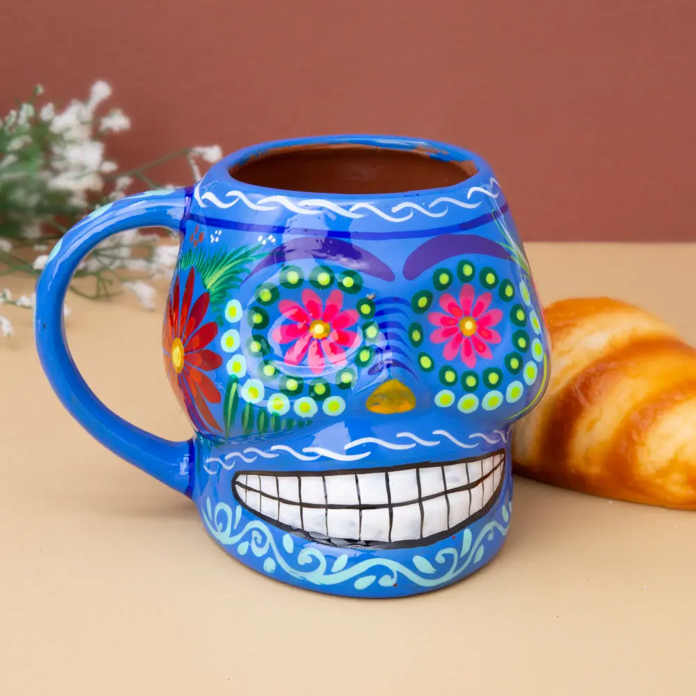 Traditional Artisanal 20 fl oz Sugar Skull Ceramic Coffee Mug - 4.25" Tall, 4.5" Diameter High-Grade Xalitla Clay Handmade Mexican Kitchen Drinkware, 1-of-a-Kind Collectible for Coffee Bar Decor
