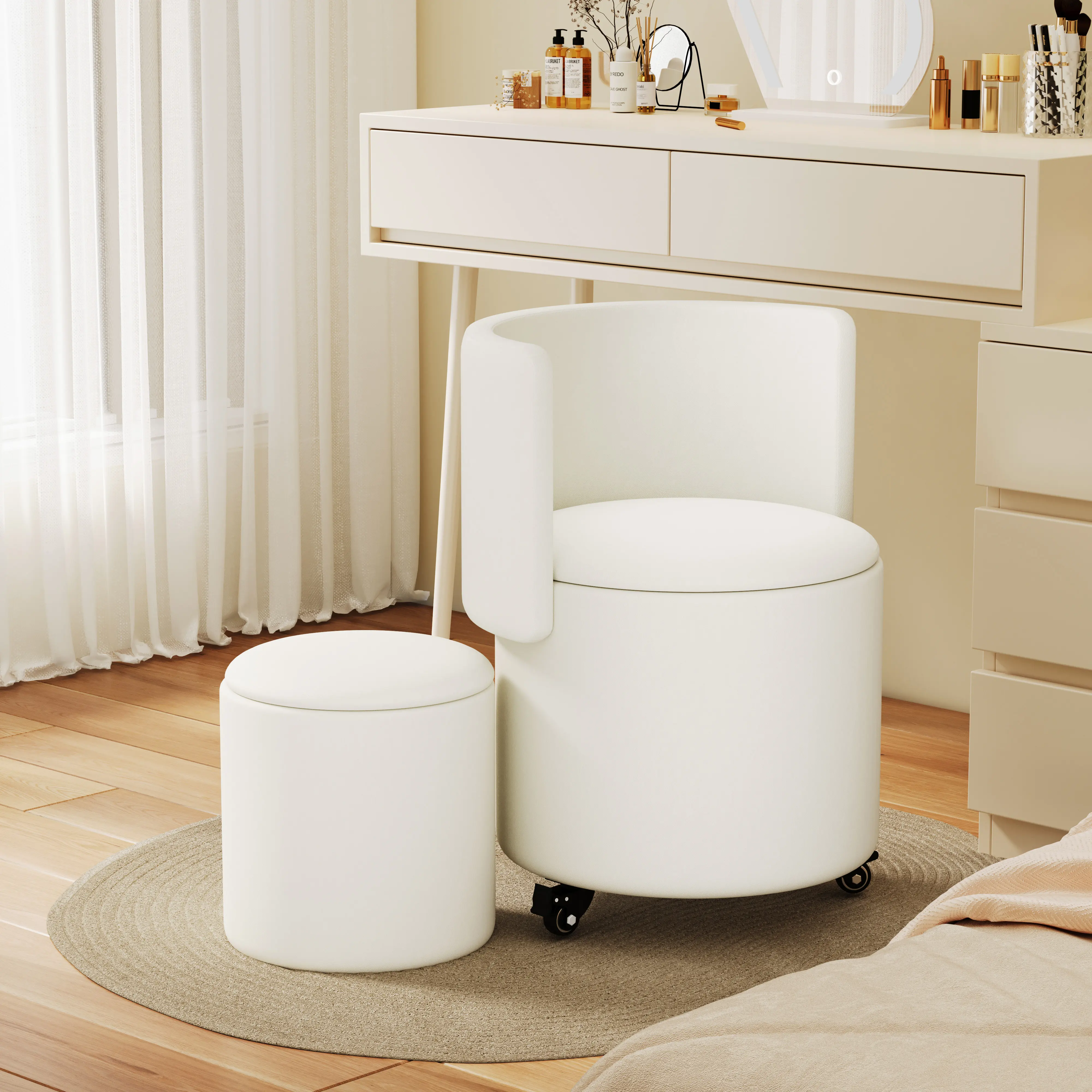【Summer Sale】Modern Short Round Faux Leather Swivel Makeup Stool - Foldable Back, Lockable Wheels, Small Storage Ottoman, Foot Rest, Assembly Required - Foot Rest Stool for Bedroom, Children's Room