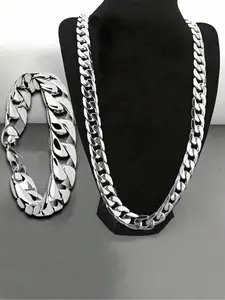 2pcs Men's Punk Style Chunky Chain Necklace & Bracelet, Fashionable Jewelry Set for Party, Daily Clothing Decor, Trendy All-match & Exquisite Jewelry for Birthday Gift
