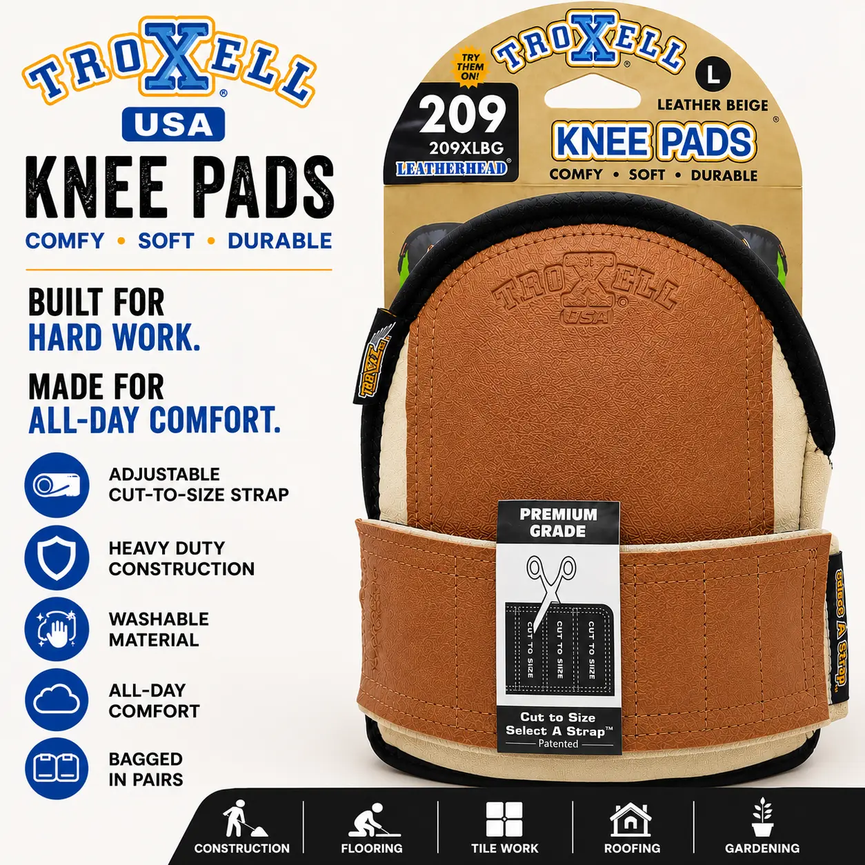 TROXELL USA SuperSoft Leatherhead Knee Pads for Work | Heavy Duty Adjustable Kneepads for Construction, Flooring, Tiling, Roofing & Gardening | All-Day Comfort