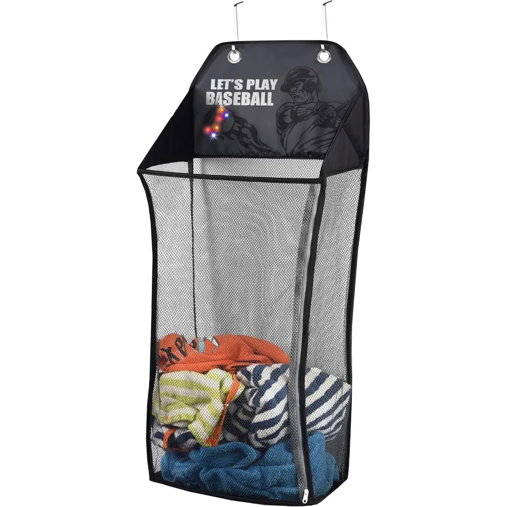Kids LED Baseball Over-The-Door Hanging Collapsible Mesh Laundry Hamper Basket with Compartment, Organiser, Toy Chest, and Heavy-Duty Metal Hooks, LED Light Feature
