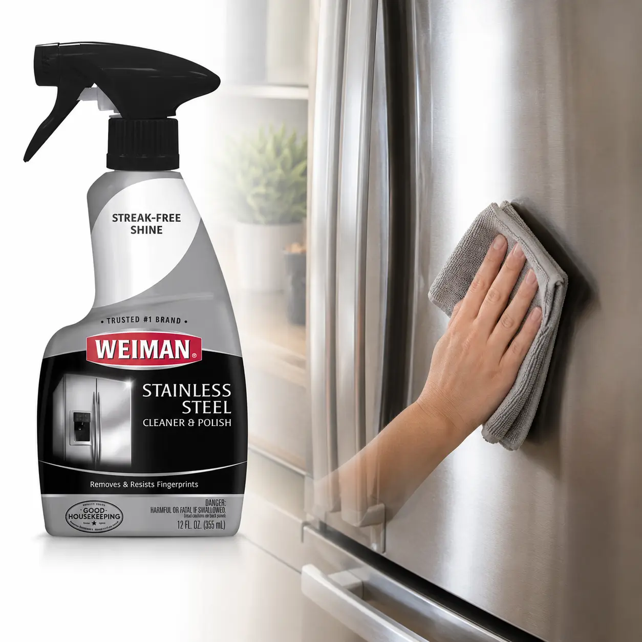 Weiman Stainless Steel Cleaner & Polish Trigger Spray 12 fl oz,pH-neutral,no rinse,streak-free,fingerprint shield,repels dust,grease remover,smudge remover,residue remover,refrigerator,microwave,oven,stovetop,sink,range hood,backsplash,trash can,BBQ grill