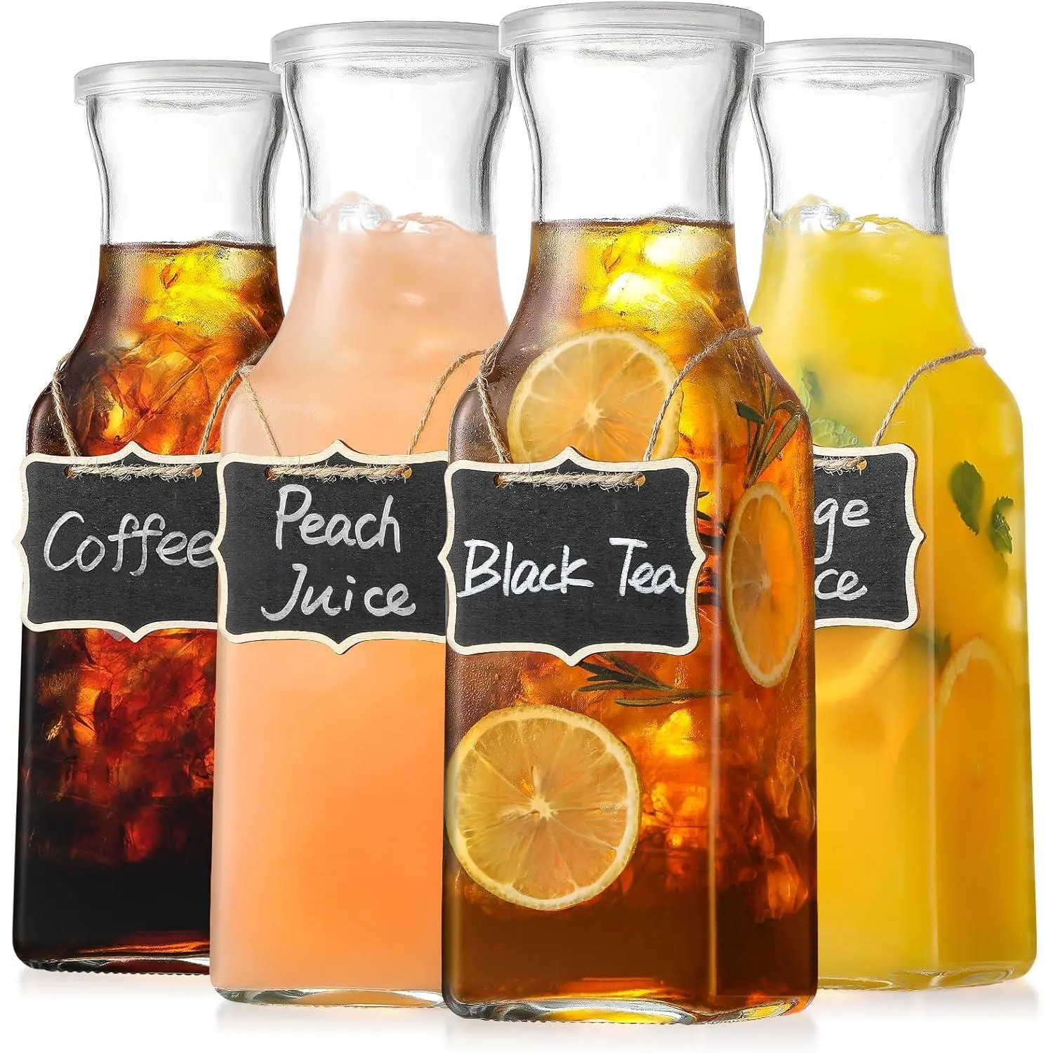Set of 4 Square Glass Carafe with Lid, 1 Liter Clear Glass Pitcher, Beverage Serveware Carafe for Mimosa Bar, Brunch, Cold Water, Juice, Milk, Iced Tea, Lemonade