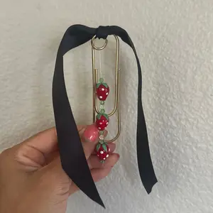 Handmade Bookmark with Charms - Gold Safety Pin Design, Black Ribbon, Red & Green Beads, Unique Gift for Book Lovers