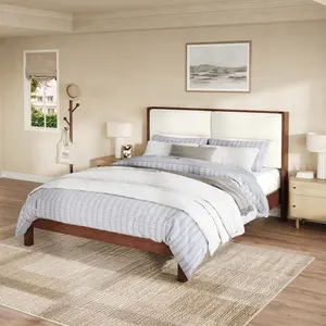 [Bellemave] Queen/King Solid Wood Platform Bed Frame, Upholstered Headboard, Wood Slats Support, No Box Spring Needed, Easy Assembly﻿