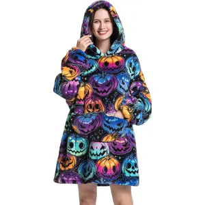 Wearable Blanket Hoodie  Hooded Blanket for Adult Women Super Soft Comfortable Warm Flannel Halloween Pumpkin