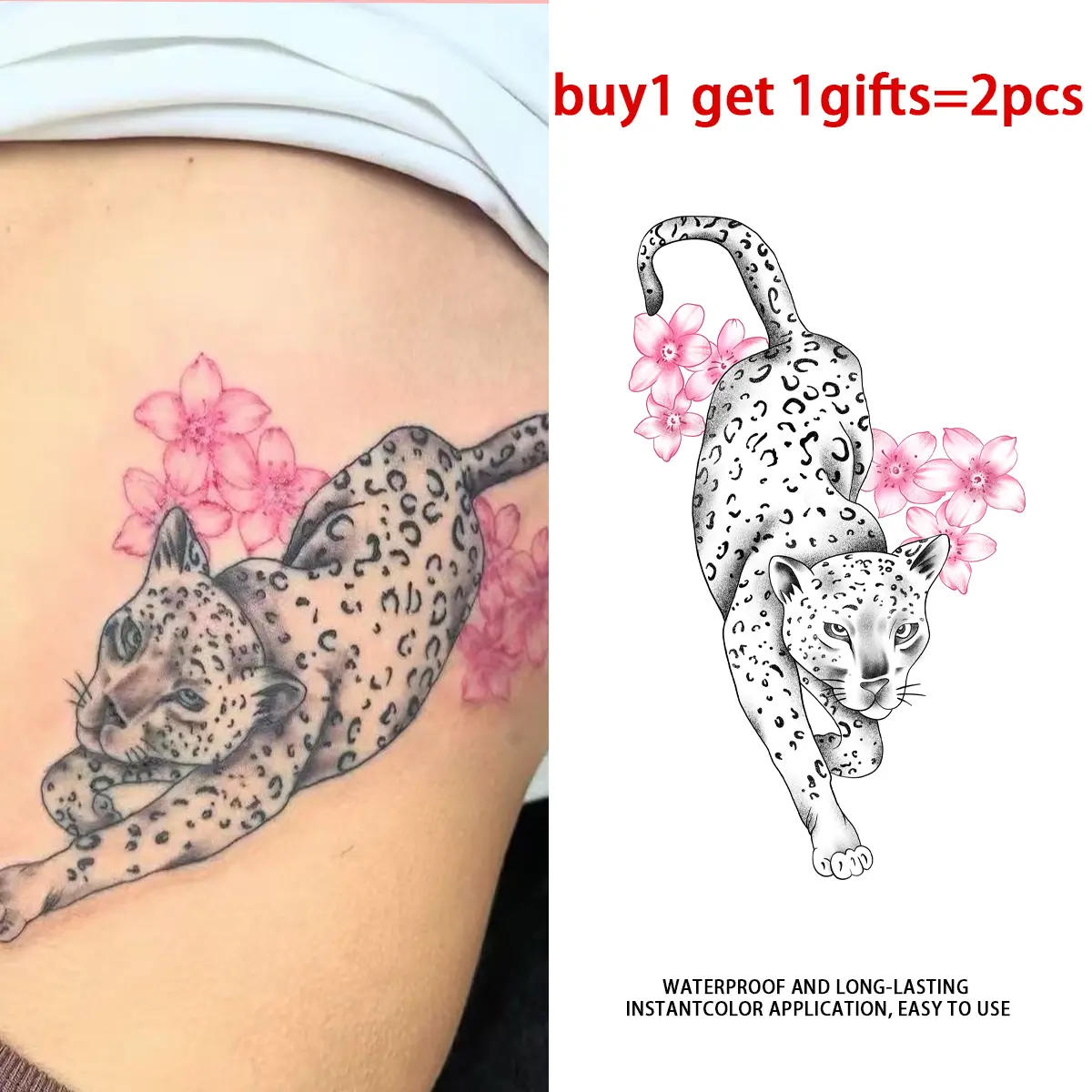 Black White Leopard With Pink Cherry Blossom Temporary Tattoo Stickers - 2 Sheets Semi-Permanent Waterproof Realistic Animal Floral Fake Tattoos, Body Art Decals for Women Girls, All Skin Types Perfect for Party, Beach, Daily Wear