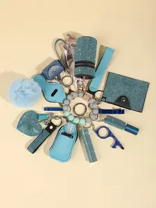 17 piece set shiny blue essential women's rhinestone keychain suit wristband keychain strap PU leather storage bag and pompom card bag accessories kit, women's keychain suit, key chain accessories, sturdy material suitable for party activities and festiva