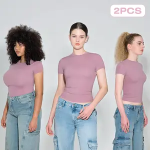 PUMIEY Womens 2 piece Crew Neck T shirt Basic Top Double layer Outfit Fabric