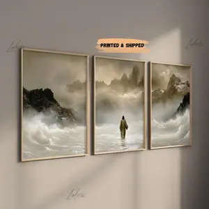 3 Piece He walks with you Print, Beige Jesus Walking on Water, Ocean Lost Sheep Shepherd Sketch Bible Christian Faith Minimalist #469