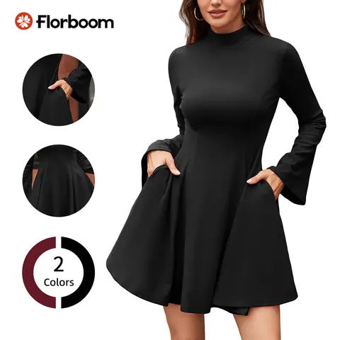 Florboom Women's Mock Neck Knit Mini Dress, Long Bell Sleeve, Fit and Flare Swing Dress with Pockets, Elegant A-Line Skater Dress for Christmas Holiday Party Date Night Fall Winter Outfit