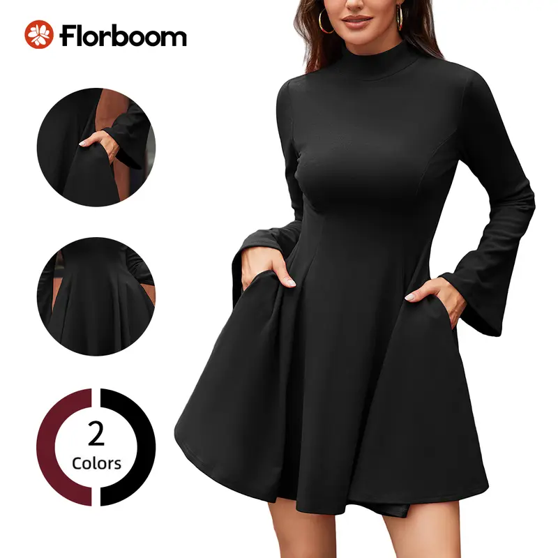 Florboom Women's Mock Neck Knit Mini Dress, Long Bell Sleeve, Fit and Flare Swing Dress with Pockets, Elegant A-Line Skater Dress for Christmas Holiday Party Date Night Fall Winter Outfit