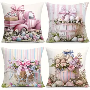 4pcs Easter Soft-tone Pillowcases: Designs include pink striped truck with eggs, bow-adorned egg basket, bow-decorated bike (w/eggs), striped basket with bunny & eggs. Easter-themed, fits home decor, brings warm & sweet festive vibe Home Textile