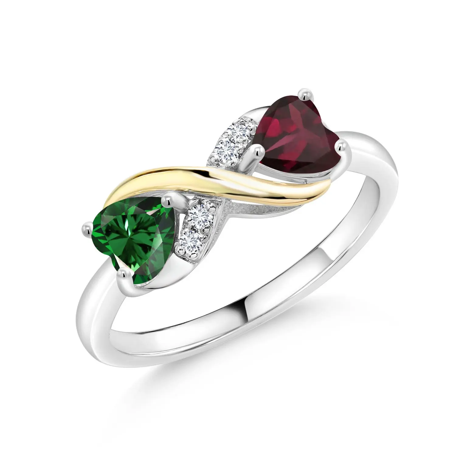 925 Silver 10K Yellow Gold Gemstone Birthstone Eternal Love Infinity Ring for Women with Lab-Grown Diamond Accents | Heart 5MM & Round 1.3MM | Two-Tone Wedding Anniversary Promise Ring