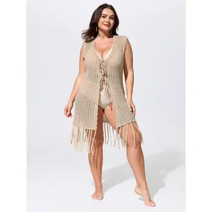 BLOOMCHIC Plus SizeCrochet Textured Tassel Hem Swim Cover-Up [M-6X] 2026 Spotlight,Summer wins,Deals for your days