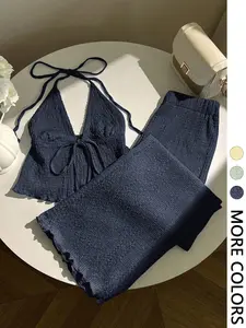 Women's Textured Halter Top & Elastic Waist Wide Leg Pants Co-ord Set, Deep V Neck Front Tie Detail, Crinkle Knit Fabric, Casual Vacation Beach Date Wear