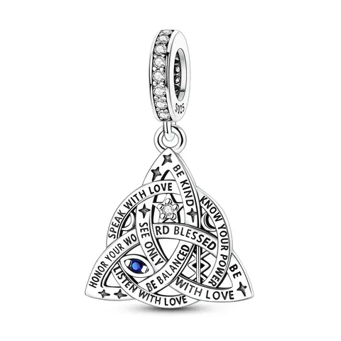 MULA Women's Silver-Plated Triquetra Knot Charms & Pendants - Cubic Zirconia Bail, "Speak with Love" Mantra, Comprehensive Shield Amulet, 4.5mm Hole Blue Evil Eye, Sparkling Star Casual Spiritual Charm (Bracelet-Compatible), Mantras, Triple Protection Amu