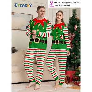 Couple Christmas home set with round neck design, single set for men or women, perfect for autumn and winter, casual style, medium elasticity fabric, regular suitable, Christmas pajamas/playful print, Christmas pajamas for Christmas family, Christmas set