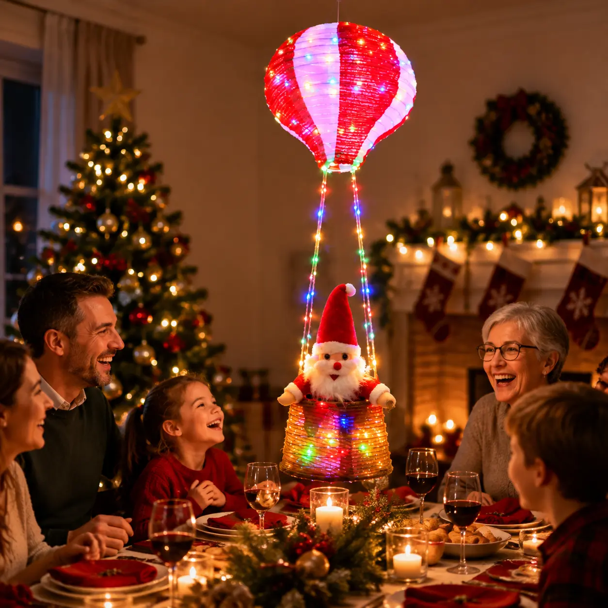 Christmas LED Hot Air Balloon Hanging Light Decoration - Foldable Paper Lantern with Santa Claus in Basket, Ceiling/Window Hang Ornament for Home Holiday Indoor Recreation Decor