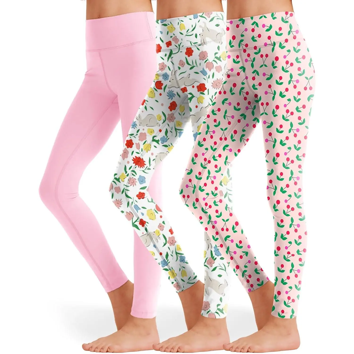 3 Pack Girls Black Athletic Leggings, Printed Ankle Length High Waisted Yoga Pants for Kids Teen