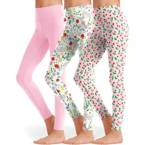 3 Pack Girls Black Athletic Leggings, Printed Ankle Length High Waisted Yoga Pants for Kids Teen