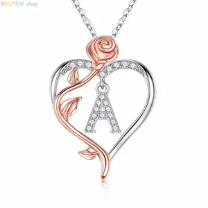 925 Sterling Silver Rose Heart Initial Necklace Jewelry For Women Wife Girlfriend Mom Daughter Anniversary Birthday Gift Elegant Personalized Design, Heart Shaped Pendant, Womens Gifts