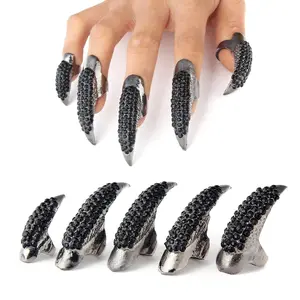 10 Pcs Halloween Costume Claws Fake Nails Ring Set, Gothic Punk 3 Sizes Crystal Full Finger Rings Paved Paw Bend Fingertip Fingernail Claw Girls Women Men Ring False Easy Long Nails (Black)