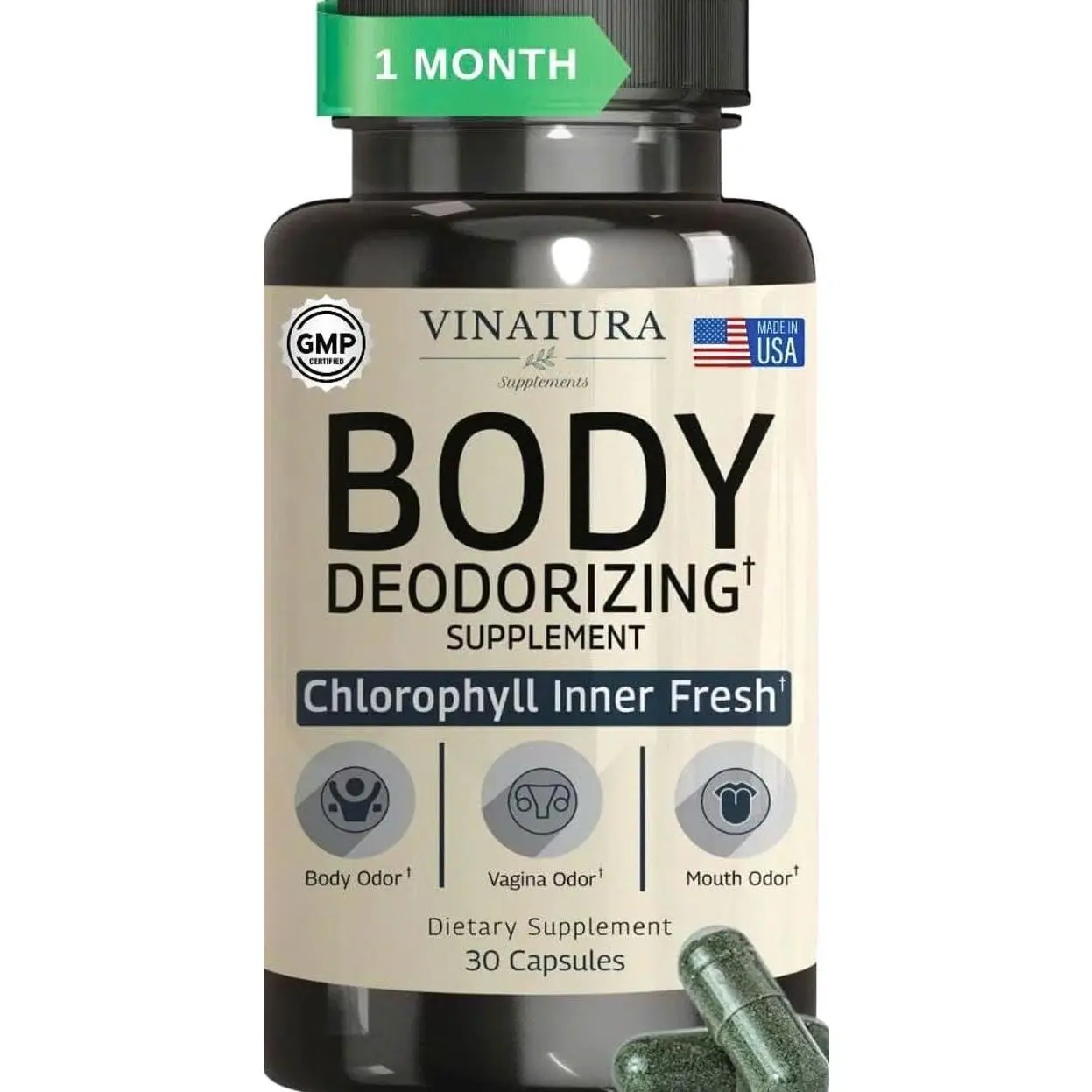 VINATURA Body Deodorizing Supplement for Women - Magic Chlorophyll Pills for Body Odor Eliminator, it Works for Her Internal Deodorant, 30 Capsules