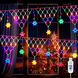 USB Powered Snowflake Triangle Net Light String, 8 Modes with Button Control, Indoor Outdoor LED Lights, Christmas Halloween Thanksgiving Garden Patio