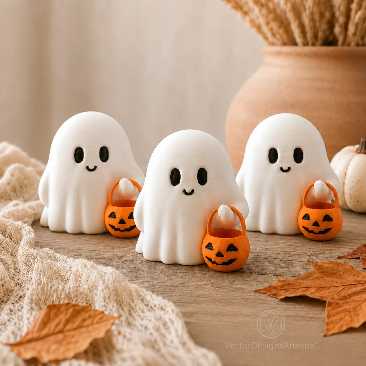 VECTORDESIGNSARIZONA Mini Size 3D Print Spooky-Cute Ghost Figurine, 1-3 Pack Collectible Figure Ornament with Optional Personalized Name Stand, Halloween Decorations for Desk & Shelf Tiered Tray, Pumpkin Bucket Fun Custom Gift