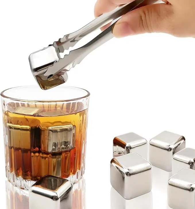 Reusable Stainless Steel Whiskey Ice Cubes Set (6/8 Pcs) with Ice Clip - Rustproof, Durable Kitchen Utensils, Eco-Friendly Cooling Cubes for Home Bar, Ideal Birthday Gift for Men