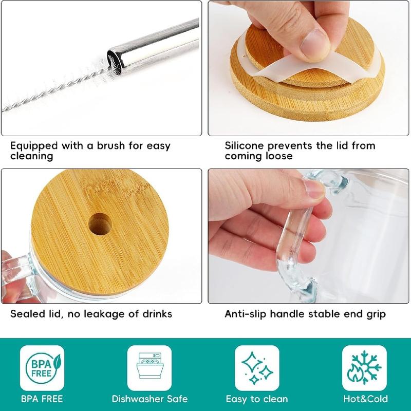 4 Pack 24oz Glass Cups with Handles, Iced Coffee Tumblers with Bamboo Lids & Stainless Steel Straws – Reusable Mason Jar Cups for Boba, Smoothies & Hot Drinks