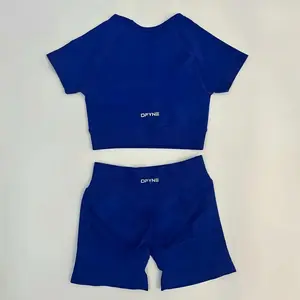 Dfyne Gym Set Womens Seamless Yoga Impact Crop Top Sleeved Sports Top Pleated Bum Shorts Fitness Suit