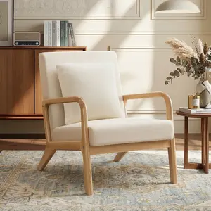 ABCASA Comfy Accent Chair, Extra Wide Upholstered Reading Chair with Lumbar Support & Solid Wood Legs, Modern Armchair for Living Room, Small Spaces, Bedroom, Linen/Faux Leather