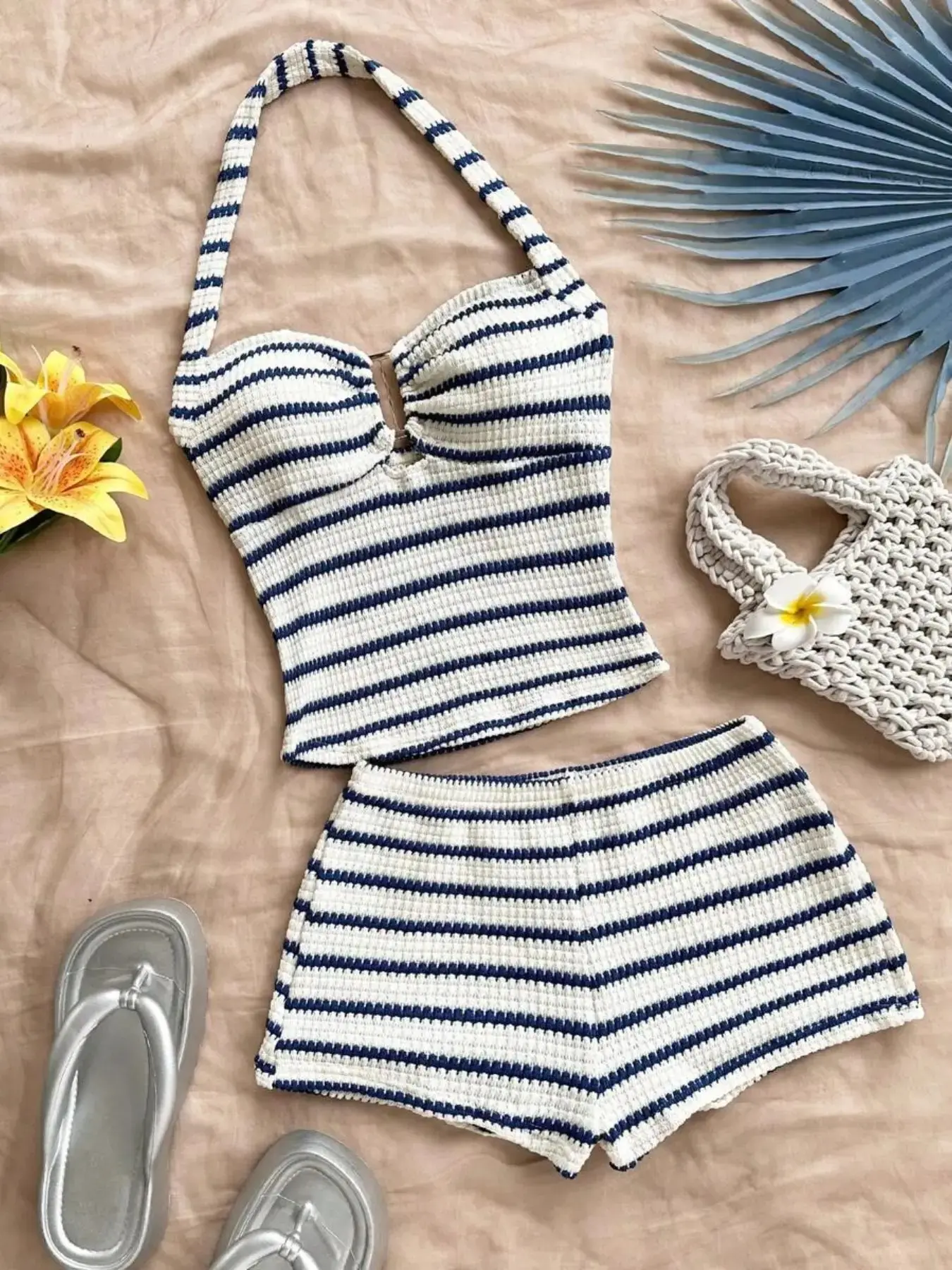 Women's Vacation Striped Halter Top and Shorts Set, Casual Matching Sets, Elegant Chic Slim-Fitting Regular Length, Casual Summer Fashion EnsembleGift.