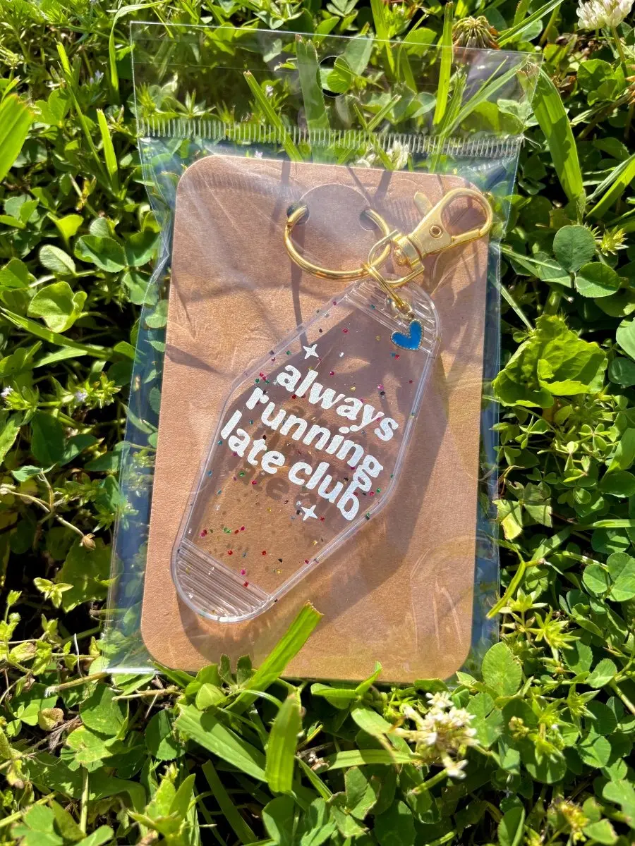 Handmade Acrylic Confetti Glitter Cute Always Running Late Club Keychain, Motel Tag Fashion Accessory
