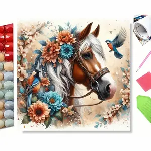 Floral Horse & Birds Diamond Painting Kit. Elegant Horse with Flower Crown, Vibrant Birds, Boho Watercolor Style. Perfect Home Decor, Ideal Gift for Horse Lovers. Easy DIY Craft, Complete Tools Included