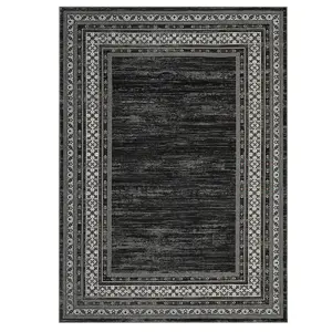 5 x 7 ft Polyester Black Rectangular Living Room Bedroom Dining Room Geometric Bordered Print Modern Machine Washable Area Rug-C