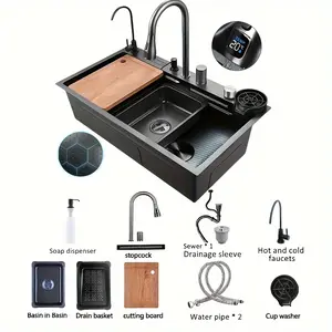 Waterfall Kitchen Sink Stainless Steel Countertop Single Bowl Kitchen Sink, Flying Rain Digital Display Faucet Sink, With Cup Washer, Clean Water Saucet
