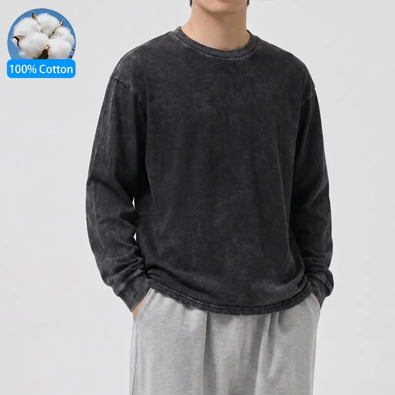 Men 100% Pure Cotton Vintage Mineral Washed Crew‑Neck Long‑Sleeve Shirts, Distressed Faded Black Oversized Loose‑Fit Pullover Tops, Casual Daily Street‑Style Basic Long‑Sleeve Tees for Teen Boys and Adult Males