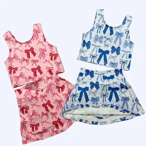 Cute Summer Athletic Skirt Set for Sisters  Bow Prints + Stretchy Fabric – Matchy-Matchy Fun for Workouts & Play Sporty Style Clothes Sporty Breathable Outfits