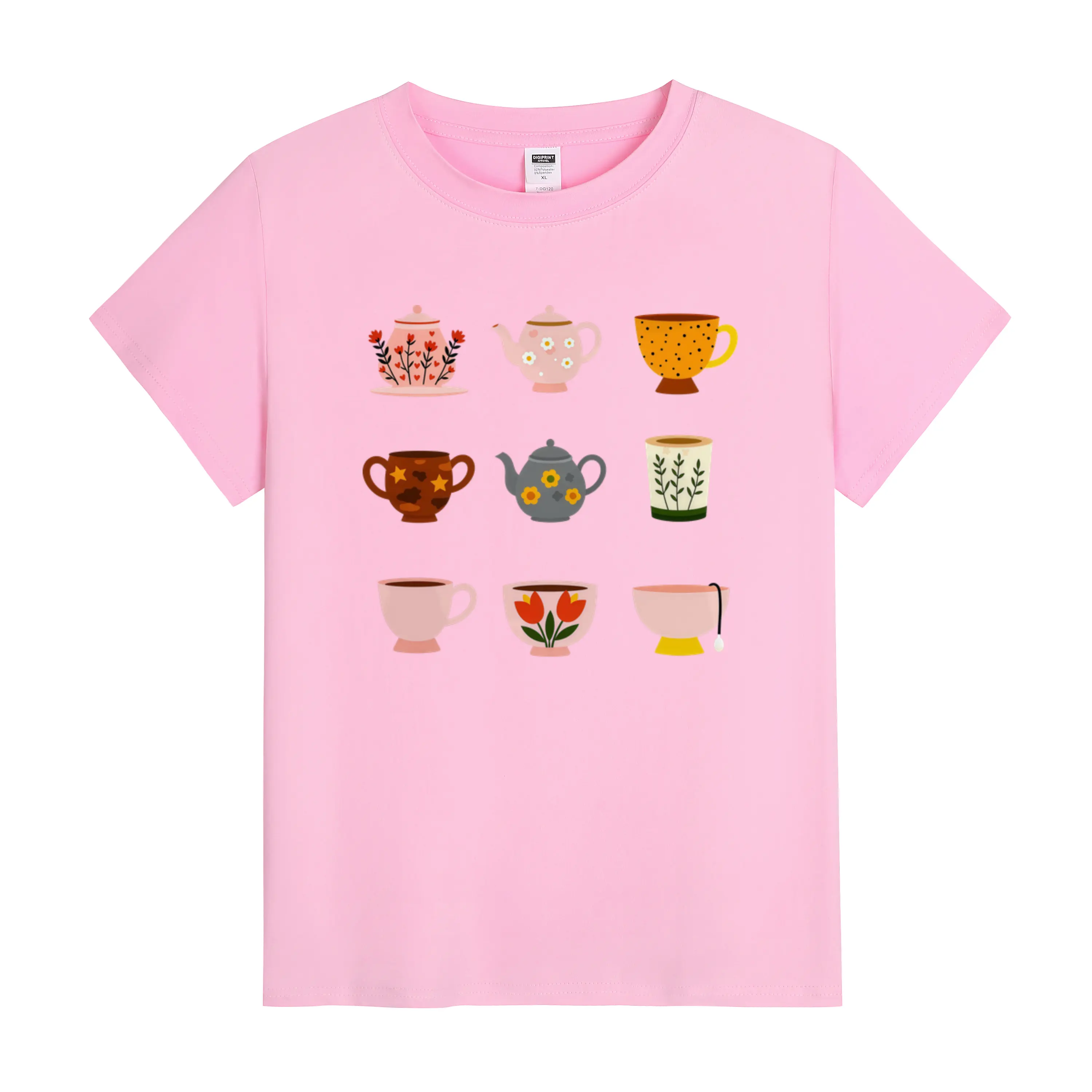 Women’s Vintage Milk Silk Round-Neck T-Shirt with Teacup & Teapot Pattern – Perfect for Spring, Summer & Festive Streetwear