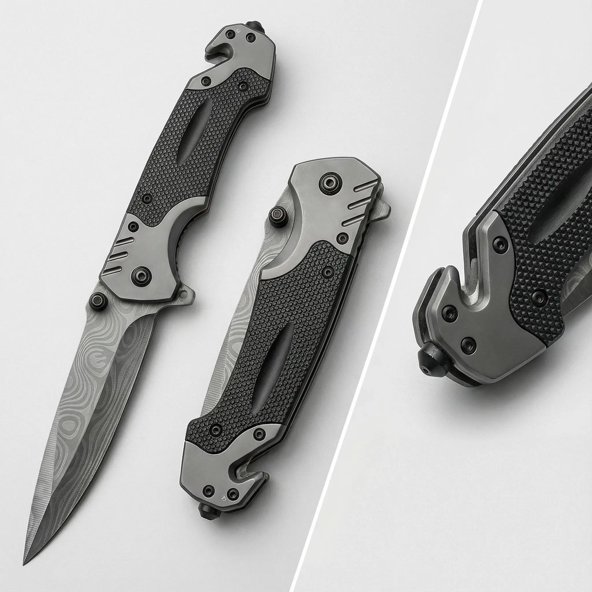 [Free Maintenance Kit Included] Damascus-Pattern Folding EDC Multi-Tool Knife — Features a glass breaker and seatbelt cutter; ideal for men; suitable for camping/tactical use, Father's Day gifts, collectibles, and birthday presents.